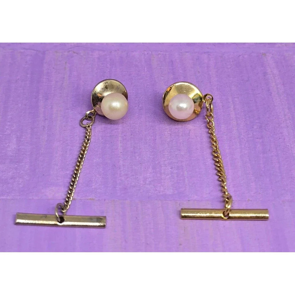 Men's Vintage Faux Pearl  Gold Tone Set of 2 Tie Tack Pin Formal Jewelry